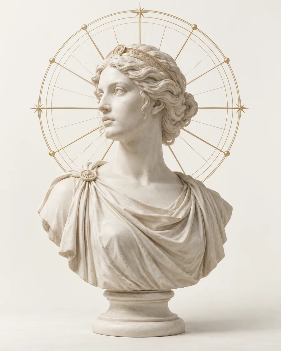 An ivory sculpture of Fortuna, framed by a fine gold wheel